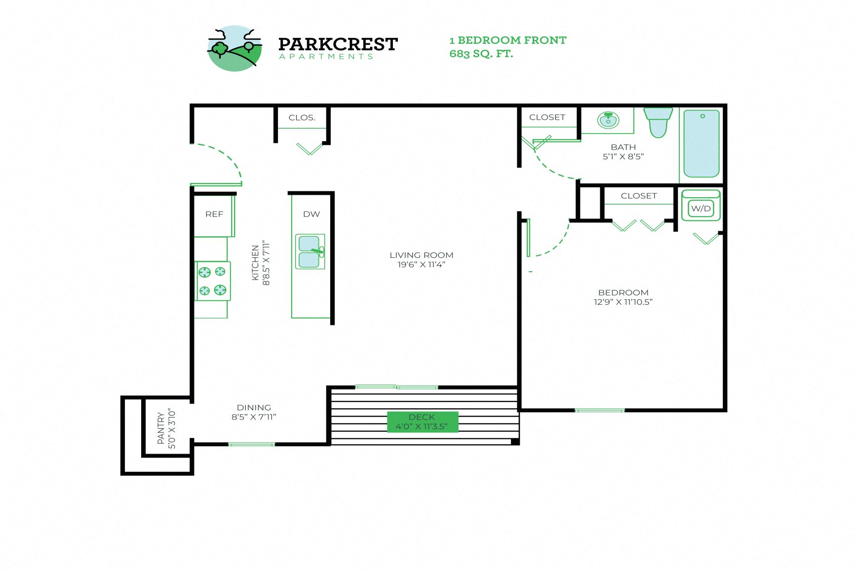 Floor plan for 1 bed, 1 bath, 683 sqft